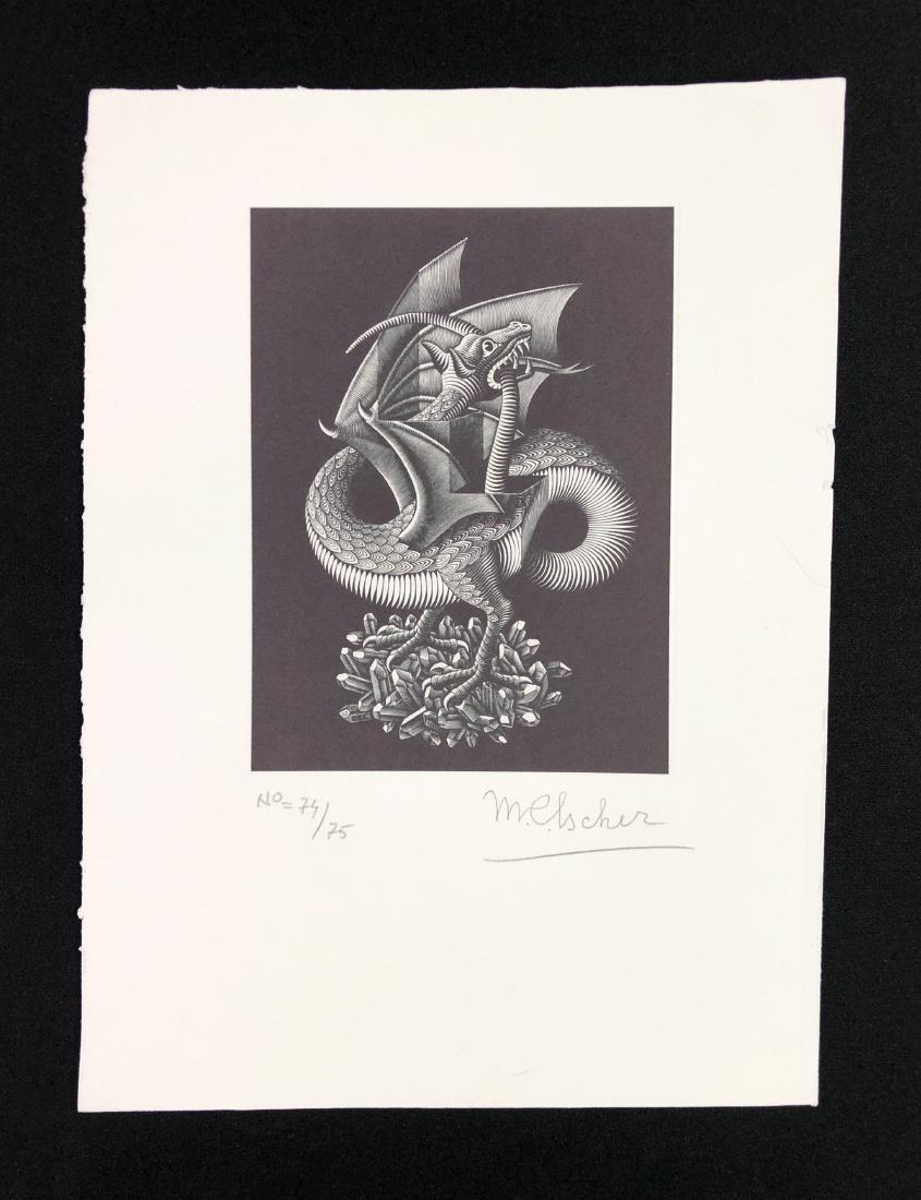 M.C. Escher (1898-1972) - Hand Inscribed Fine Art Print: This lot consists of a fine art print on paper, with "M.C. Escher" handwritten in graphite at bottom right of composition. To the left of the signature it's hand numbered "74/75" also in graphite. Ima