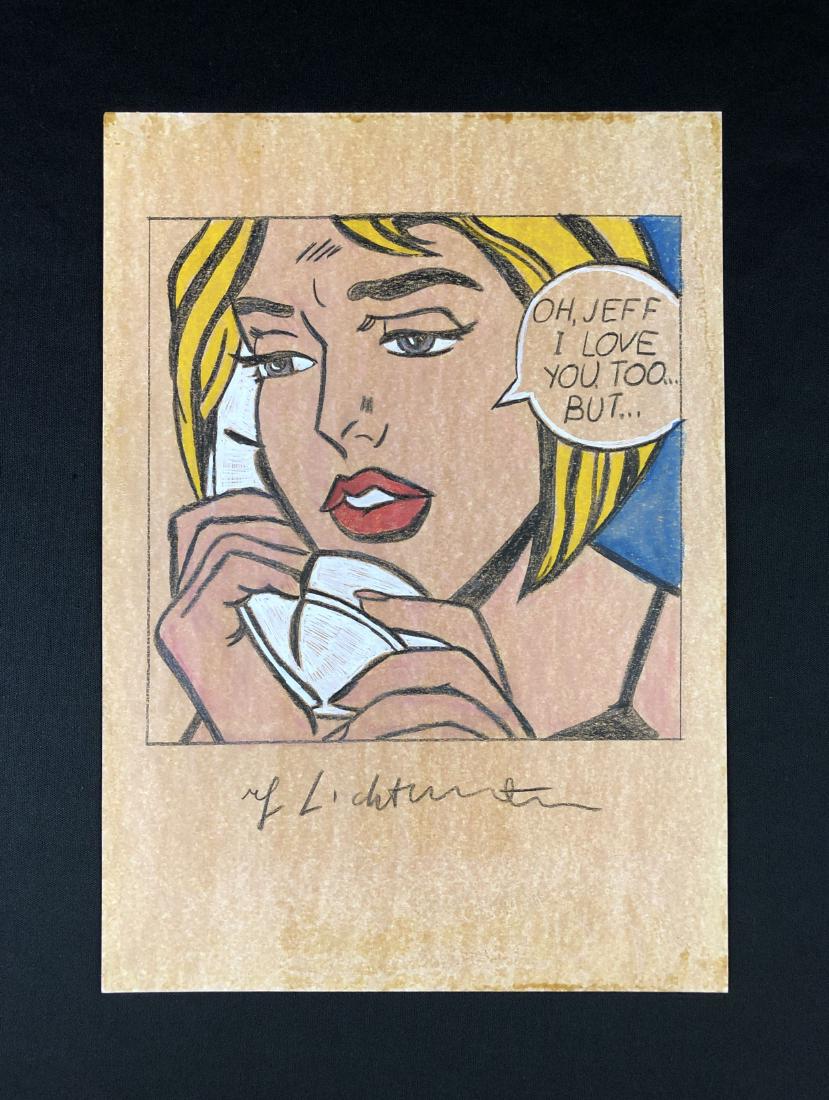 Roy Lichtenstein (1923-1997) -- Hand Drawing - style of: This lot consists of a mixed media (colored pencil and watercolor) on paper, with "Roy Lichtenstein" handwritten by the artist at bottom. Image depicts a classic 'comic book' blonde holding a white te