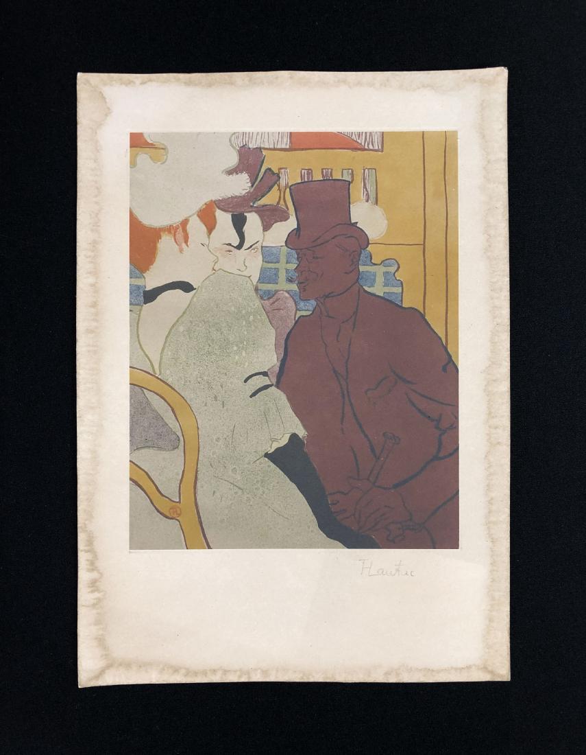 Henri de Toulouse-Lautrec (1864-1901) Inscribed Print: This lot consists of a fine art print on paper, with "T-Lautrec" handwritten in graphite at bottom. This charming image depicts two fine ladies being addressed by an ever-so-dapper gentleman. The line