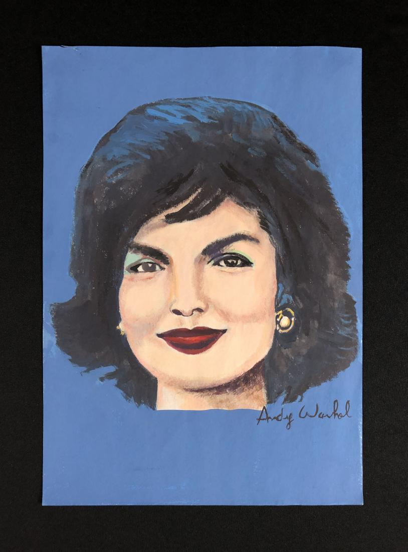 Andy Warhol (1928 - 1987) - Gouache Painting - style of: This lot consists of a lovely gouache illustration on paper, with "Andy Warhol" handwritten by the artist at lower right. This Pop Art image depicts a stark, black-and-white view of former First Lady 