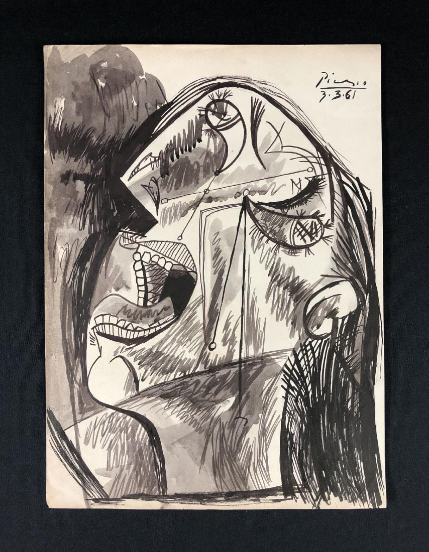 Pablo Picasso (1881-1973) Mixed Media Drawing /style of: This lot consists of a fine art ink and watercolor illustration on paper, with "Picasso" handwritten at top right. Below the signature is the handwritten date "3-3-61". Image depicts a Cubist interpre