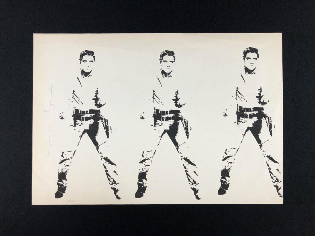 Andy Warhol (1928-1987) - Hand Inscribed Fine Art Print: This lot consists of a fine art print on paper, with "Andy Warhol" handwritten vertically at bottom left. Below the signature is the hand-numbering "3/250". Work depicts three identical images of Elvi