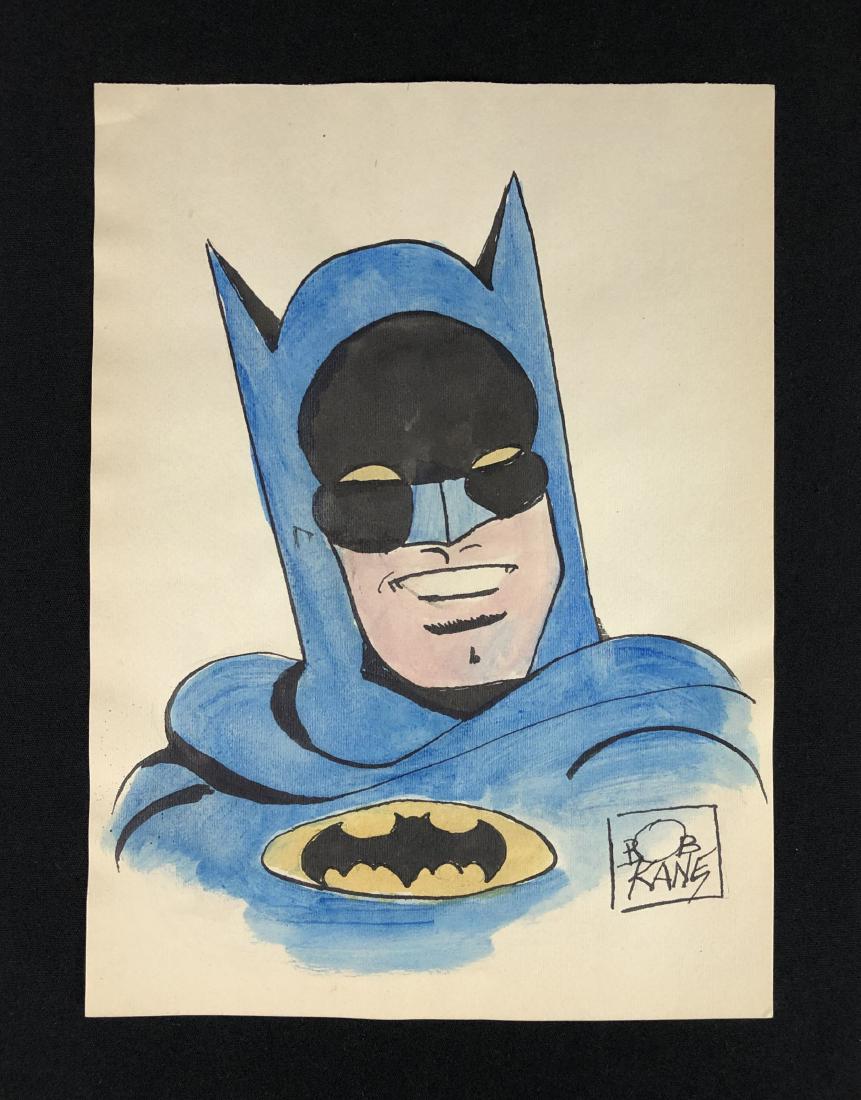 Bob Kane (1915-1998) -- Mixed Media Drawing - style of: This lot consists of a mixed media (ink and watercolor) on paper, with "Bob Kane" handwritten by the artist at lower right. Image depicts the Marvel comic book superhero, Batman, grinning from behind 