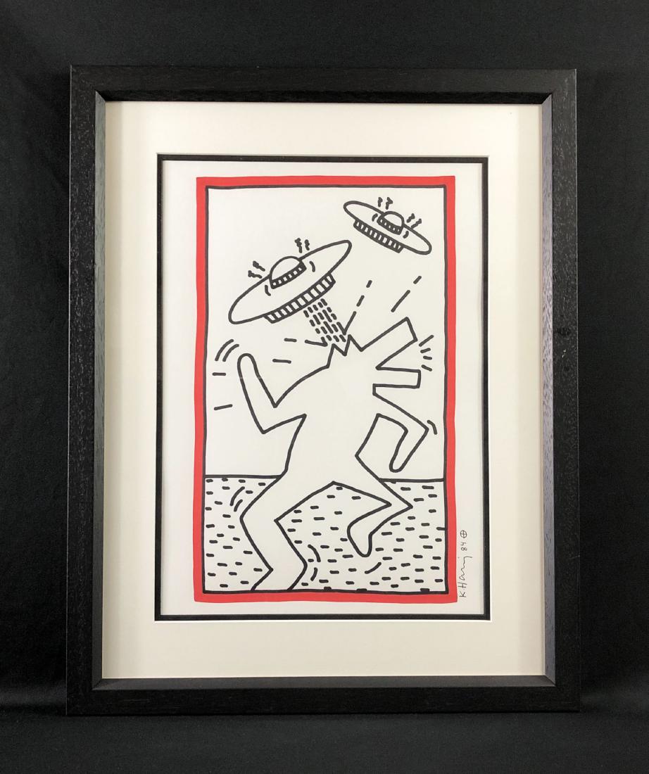 Keith Haring (1958-1990) -- Ink Drawing - style of: This lot consists of a hand-drawn ink illustration on paper, with "K. Haring 84" handwritten in ink at bottom right. A small crosshair logo accompanies the artist's signature. This brilliant black-and