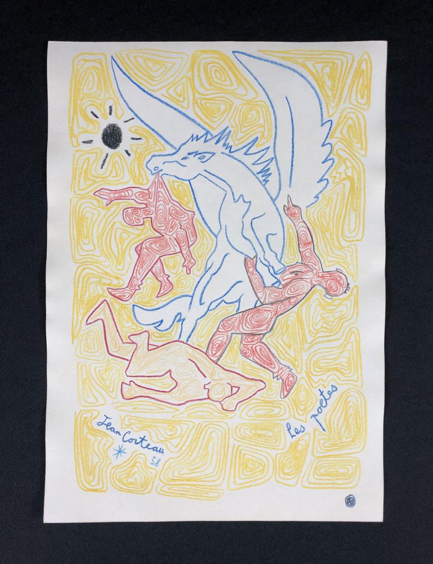Jean Cocteau ((1889-1963) -- Colored Drawing - style of: This lot consists of a brilliant hand-drawn colored pencil illustration on paper with "Jean Cocteau" handwritten at bottom left. Below the signature is the handwritten date "58". To the right is the h