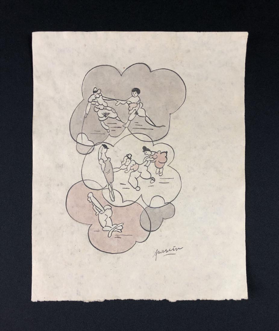 Jules Pascin (1885-1930) Mixed Media Drawing - style of: This lot consists of a hand-painted mixed media (ink and watercolor) on paper, with "Pascin" hand written by the artist at lower right. This soft image depicts several soft tableaus, full of playful,