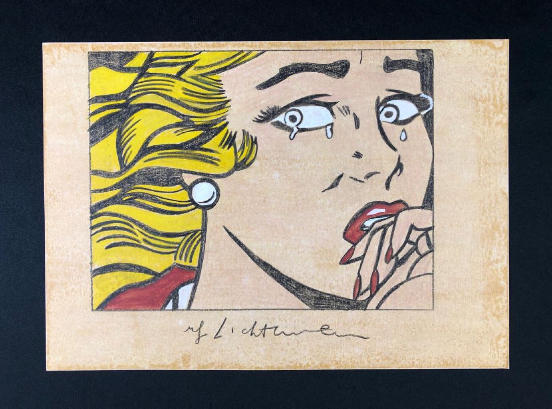 Roy Lichtenstein (1923-1997) -- Hand Drawing - style of: This lot consists of a mixed media (colored pencil and watercolor) on paper, with "Roy Lichtenstein" handwritten at bottom of composition. Image depicts a classic, well-manicured 'comic book' blonde.