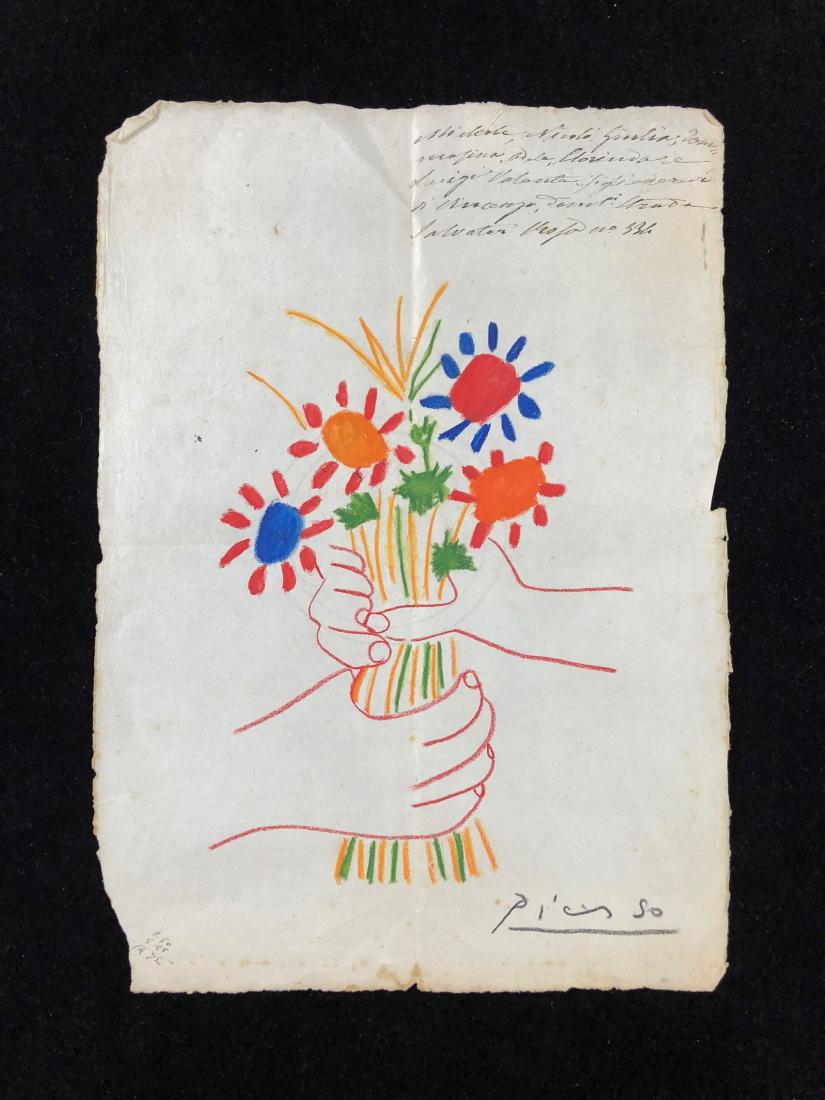 Pablo Picasso (1881-1973) -- Hand Drawing - style of: This lot consists of a hand drawn mixed media (pastel/crayon) illustration on laid paper, with "Picasso" handwritten at bottom right. Image depicts two outstretched hands holding a cluster of brightly