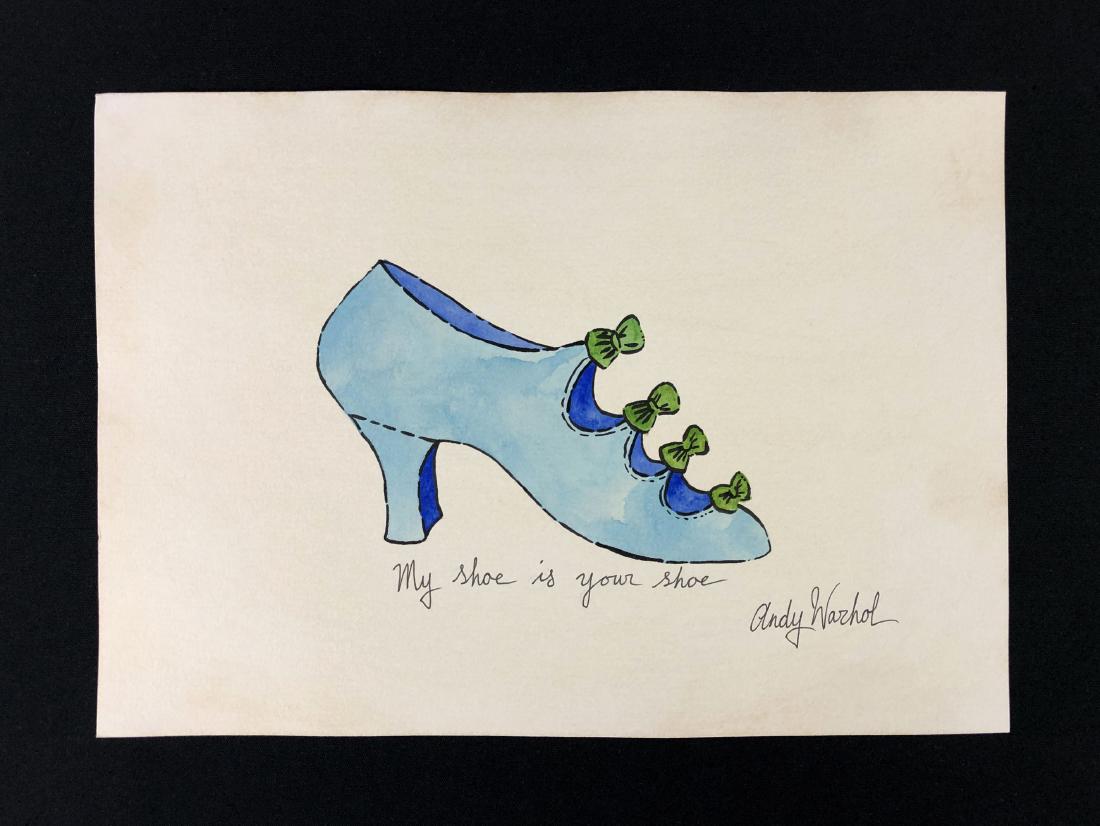 Andy Warhol (1928-1987) Mixed Media Drawing - style of: This lot consists of a fine art mixed media (ink and watercolor) illustration on paper, with "Andy Warhol" handwritten in ink at bottom right. Image depicts a powder blue ladies' shoe in the French ba