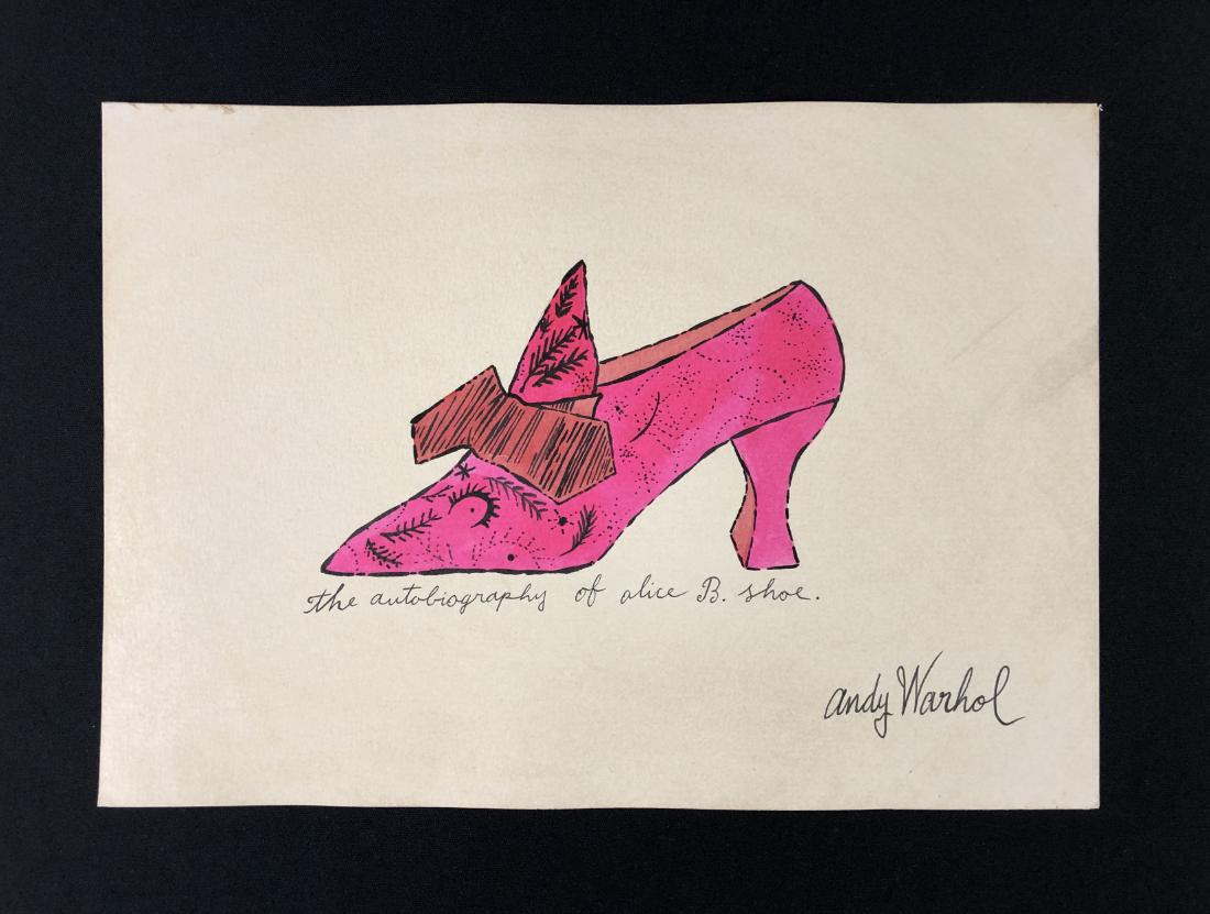 Andy Warhol (1928-1987) Mixed Media Drawing - style of: This lot consists of a mixed media (ink and watercolor) illustration on paper, with "Andy Warhol" handwritten in ink at bottom. Image depicts a salmon-colored, high-heeled shoe that sports an elegant 