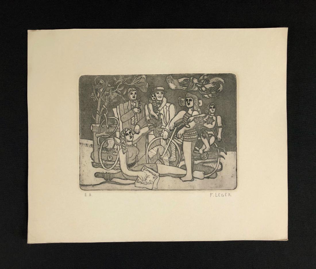 Fernand Leger (1881-1955) Hand Inscribed Fine Art Print: This lot consists of a fine art print on paper, with "F. LEGER" handwritten at bottom right. To the left of the signature is the inscription, "E.A.", in graphit. Image depicts a rag-tag crew of perfor