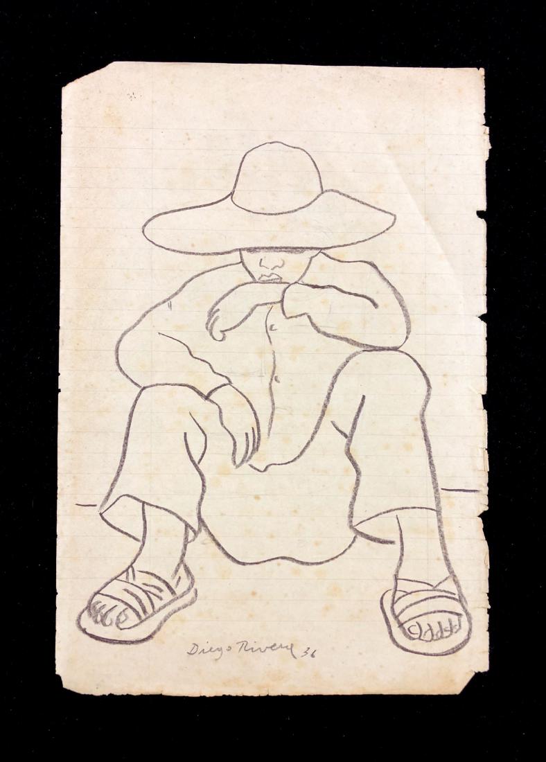 Diego Rivera (1886-1957) - Hand Drawing - style of: This lot consists of a hand drawn crayon or colored pencil sketch on paper with "Diego Rivera" handwritten at bottom center. Accompanying the signature is the handwritten date "36". Image depicts a ma