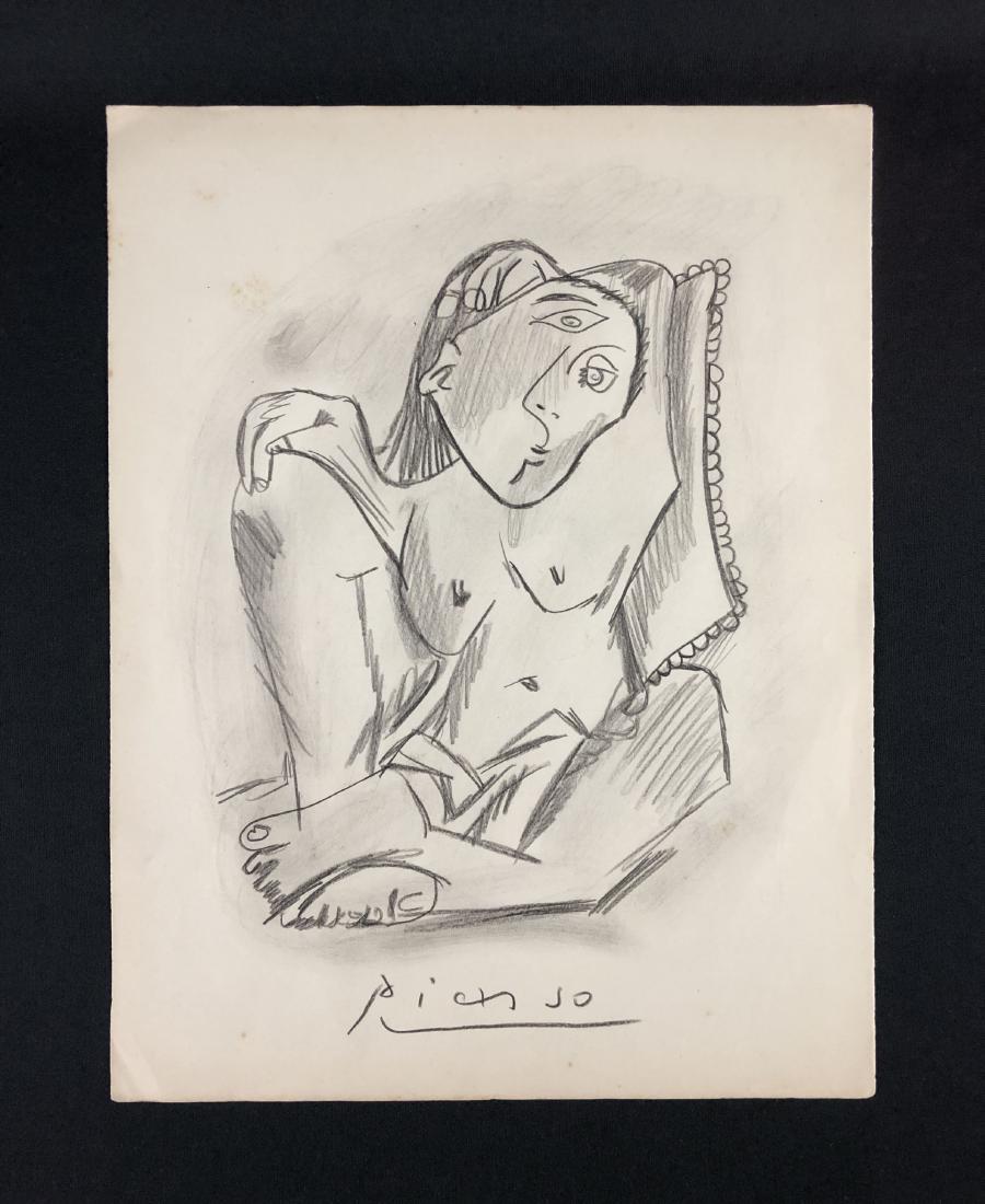 Pablo Picasso (1881-1973) - Graphite Drawing - style of: This lot consists of a hand-drawn graphite illustration on paper, with "Picasso" handwritten by the artist at bottom center. This eye-catching composition depicts the reclining figure of a nude woman.