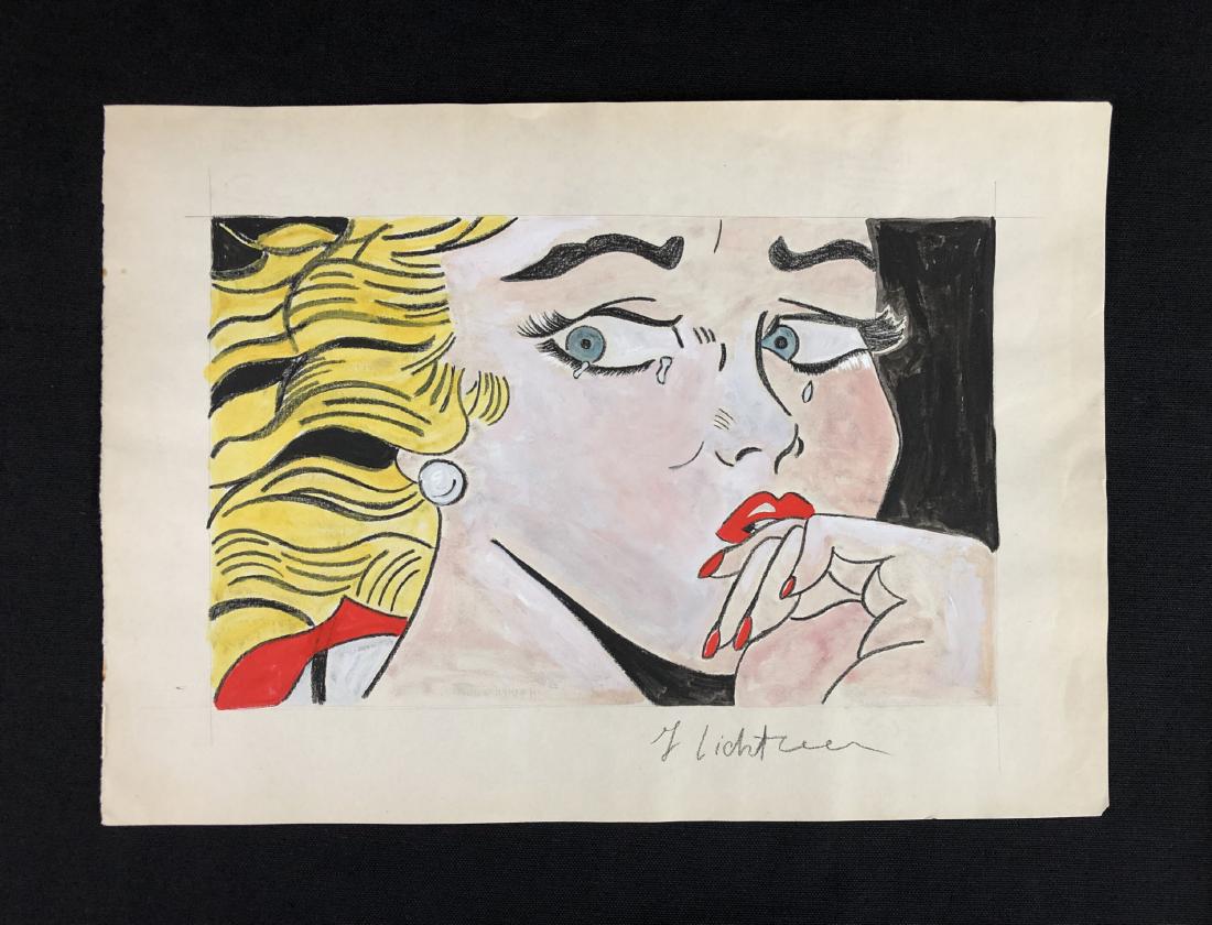 Roy Lichtenstein (1923-1997) -- Hand Drawing - style of: This lot consists of a hand-rendered mixed media (gouache and colored pencil) on paper, with "Roy Lichtenstein" handwritten by the artist at bottom right. Image depicts a super-cropped view of a beaut