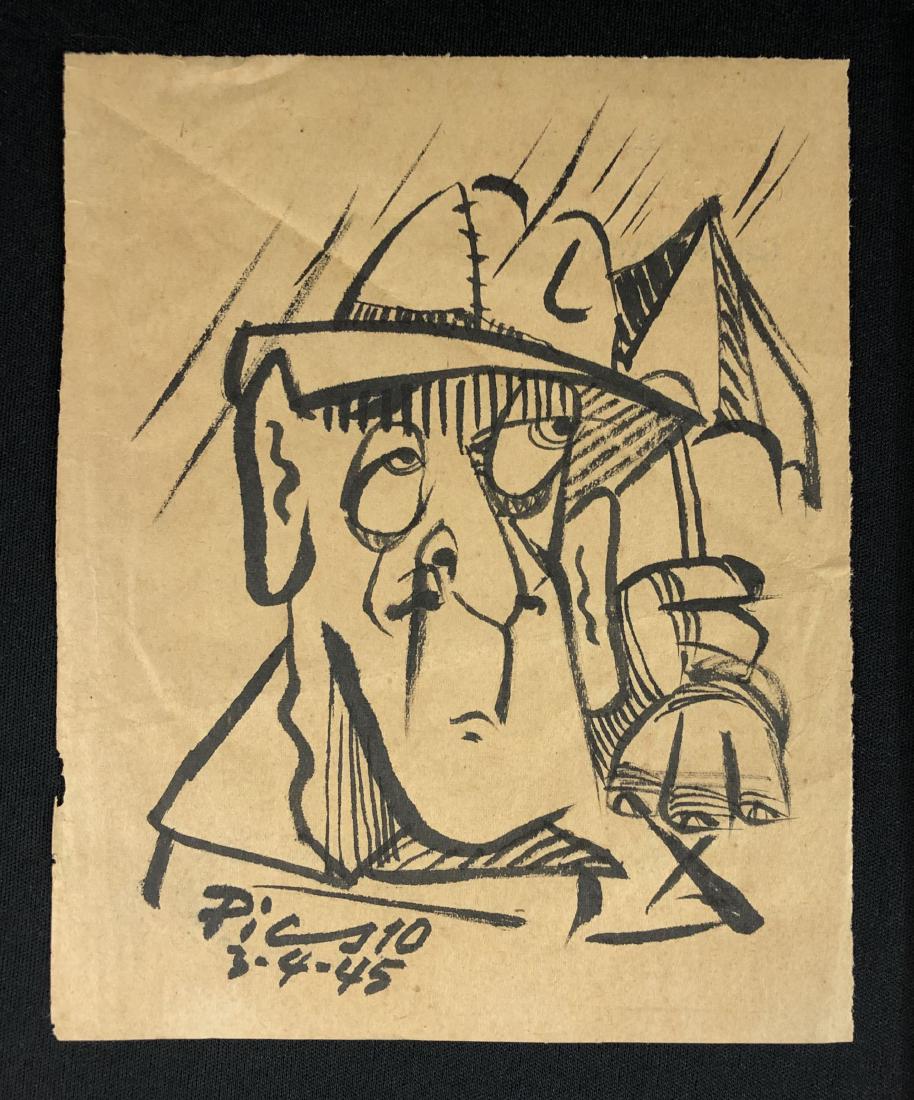 Pablo Picasso (1881-1973) - Ink Drawing - style of: This lot consists of a fine ink illustration on paper, with "Picasso" handwritten in ink at bottom left. Below the signature is the handwritten date of "3-4-45". Image depicts a Cubist interpretation 