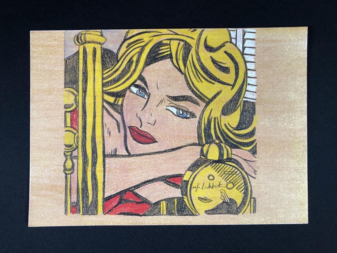 Roy Lichtenstein (1923-1997) -- Hand Drawing - style of: This lot consists of a mixed media (colored pencil and watercolor) on paper, with "Roy Lichtenstein" handwritten on back of alarm clock within the image. Image depicts a classic 'comic book' blonde lo