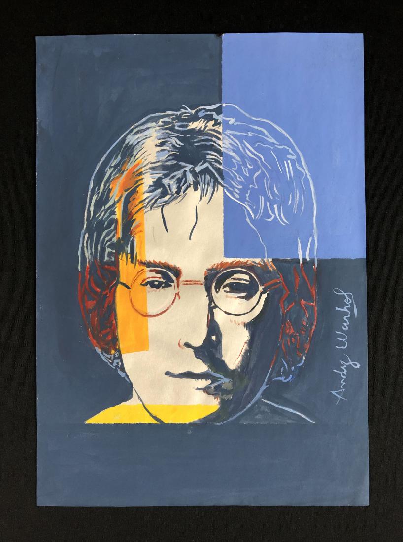 Andy Warhol (1928-1987) Gouache Painting - style of: This lot consists of a lovely gouache illustration on paper, with "Andy Warhol" handwritten by the artist at lower right. This Pop Art image depicts a stark, black-and-white view of famed former-Beatl