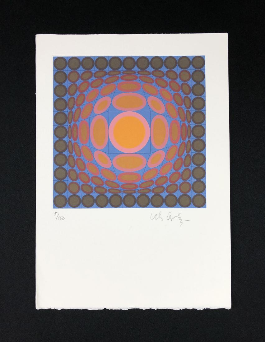 Victor Vasarely (1908-1997) Hand Inscribed Fine Print: This lot consists of a fine art print on paper with "Victor Vasarely" handwritten at bottom right. To the left of the signature it's hand-numbered "5/150". This richly-hued image depicts a bulging geo