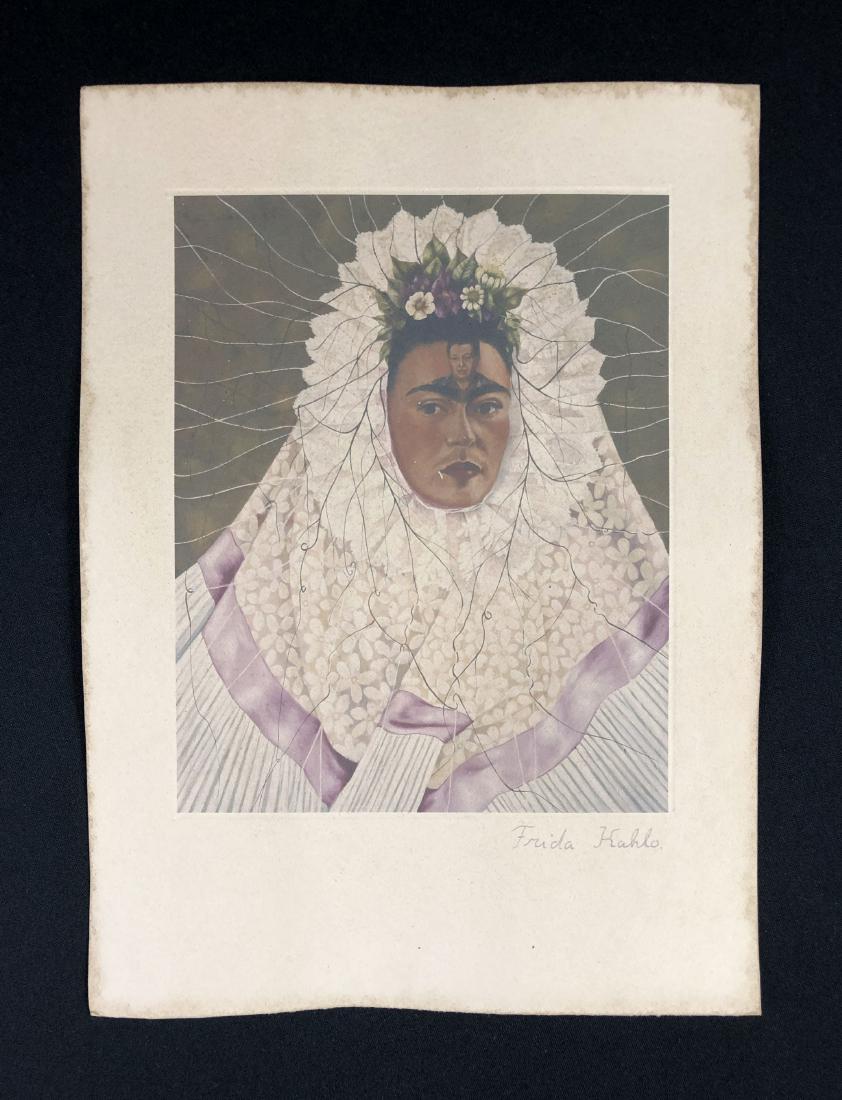 Frida Kahlo (1886-1957) Hand Inscribed Fine Art Print: This lot consists of a fine art print on paper, with "Frida Kahlo" handwritten in graphite at bottom of composition. Image depicts a subject whose face is full of thought and emotion. She poses in an 