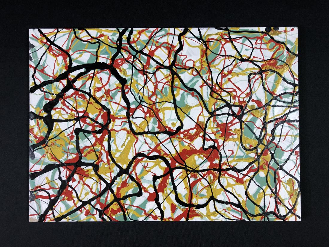 Jackson Pollock (1912-1956) Acrylic Painting - style of: This lot consists of a hand-painted acrylic work on board, with "J. Pollock" handwritten en verso. This is a dynamic, four-colored painting that positively churns with color and activity. Done in the 