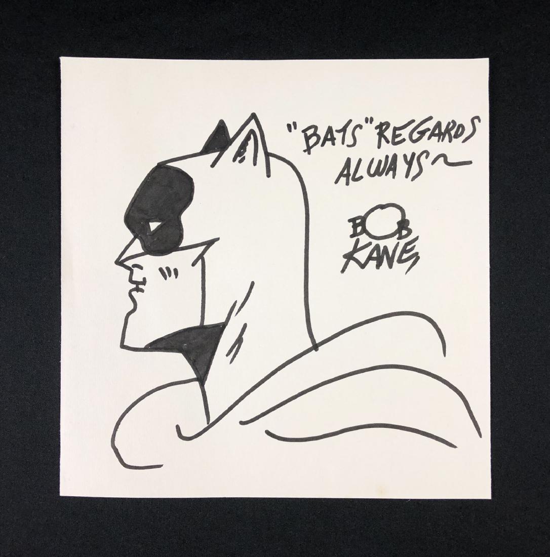Bob Kane (1915-1998) -- Ink Drawing - style of: This lot consists of an ink illustration on paper, with "Bob Kane" handwritten at right side of composition. Above the signature includes the personal, handwritten inscription, "'Bats' regards always"
