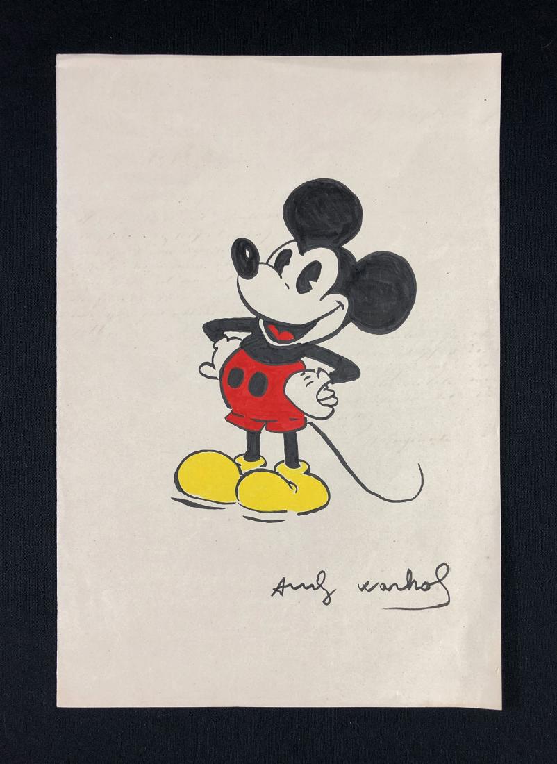 Andy Warhol (1928-1987) Mixed Media Drawing - style of: This lot consists of a hand drawn mixed media illustration on paper, with "Andy Warhol" handwritten by the artist at lower right. Image depicts a smiling vintage Mickey Mouse, who stands in the center
