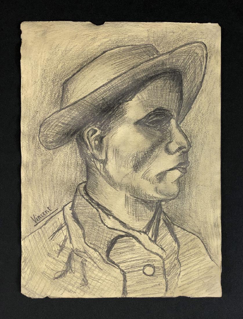Vincent van Gogh (1853-1890) Graphite Drawing -style of: This lot consists of a hand-drawn graphite illustration on heavy paper stock, with "Vincent" handwritten by the artist in graphite at right. Image depicts the careful study of a male figure, with grea