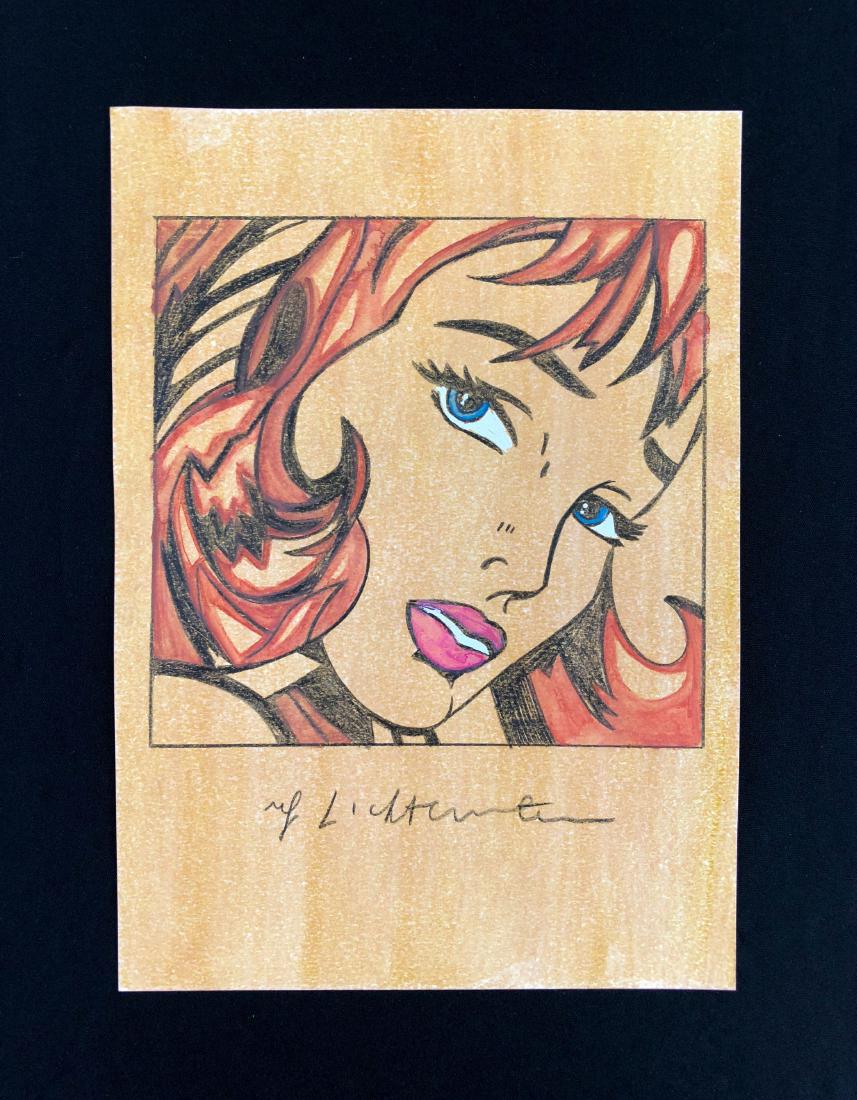 Roy Lichtenstein (1923-1997) -- Hand Drawing - style of: This lot consists of a hand drawn mixed media illustration on heavy card stock, with "Roy Lichtenstein" handwritten at bottom center. Image depicts a close-up view of the face of a young woman, a ribb