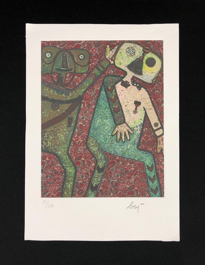 Enrico Baj (1924-2003) Hand Inscribed Fine Art Print: This lot consists of a fine art print on paper, with "Baj" handwritten in graphite at bottom right. To the left of the signature it's hand-numbered "51/150" also in graphite. Image depicts two figures