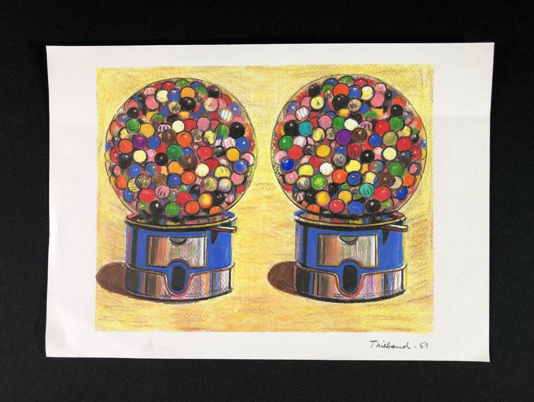Wayne Thiebaud (American, 1920- ) Hand Drawn - style of: This lot consists of a colored pencil illustration on paper, with "Thiebaud" handwritten at bottom. To the right of the signature is the handwritten date of "61". Image depicts two gum-ball machines,