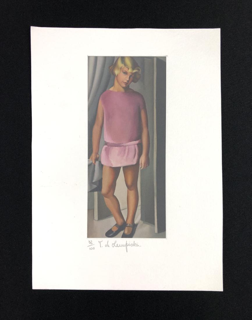Tamara de Lempicka (1898-1980) Hand Inscribed Art Print: This lot consists of a fine art print on paper, with "T. de Lempicka" handwritten in graphite at bottom. To the left of the signature piece is hand-numbered "32/100" also in graphite. Image depicts a