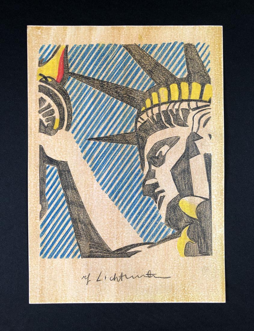 Roy Lichtenstein (1923-1997) - Hand Drawing - style of: This lot consists of a mixed media (colored pencil and watercolor) on paper, with "Roy Lichtenstein" handwritten at bottom. Image depicts the iconic Statue of Liberty, her arm extended, bearing her fa