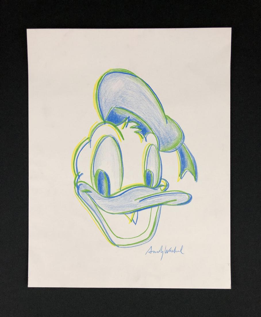 Andy Warhol (1928-1987) -- Hand Drawing - style of: This lot consists of a hand-drawn colored pencil illustration on paper, with "Andy Warhol" handwritten at bottom right. This attractive image depicts the larger-than-life grin of Walt Disney's iconic
