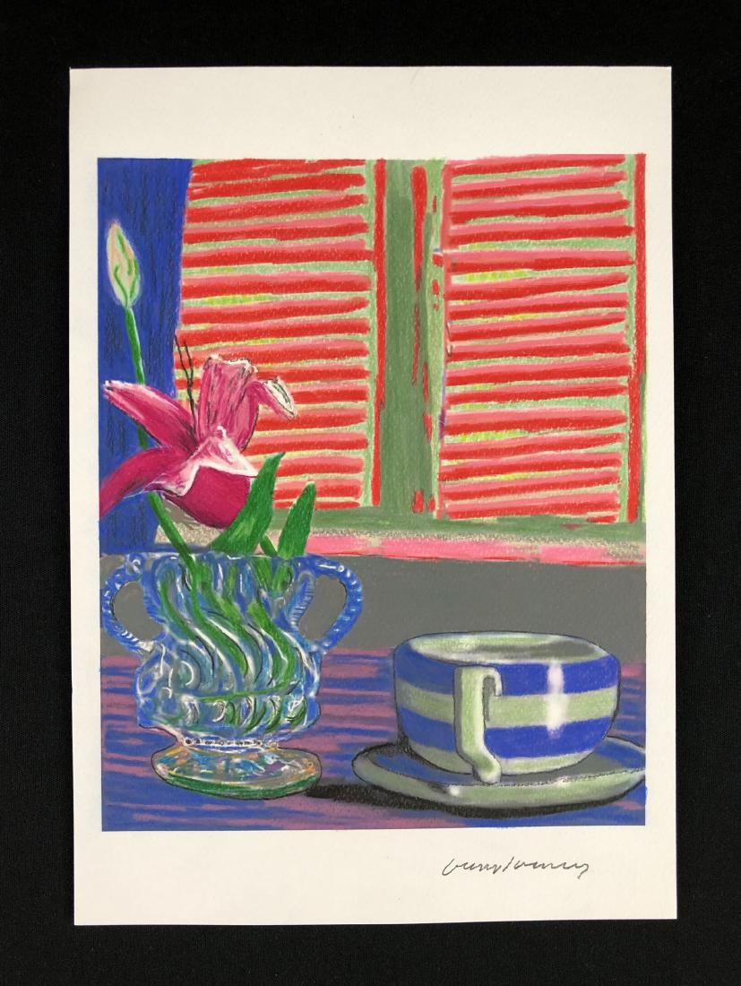 David Hockney (1937- ) Hand Drawing - style of: This lot consists of a hand drawn mixed media illustration on paper, with "David Hockney" handwritten in graphite at bottom. This splashy image depicts a striped teacup and a crystal vase that holds a