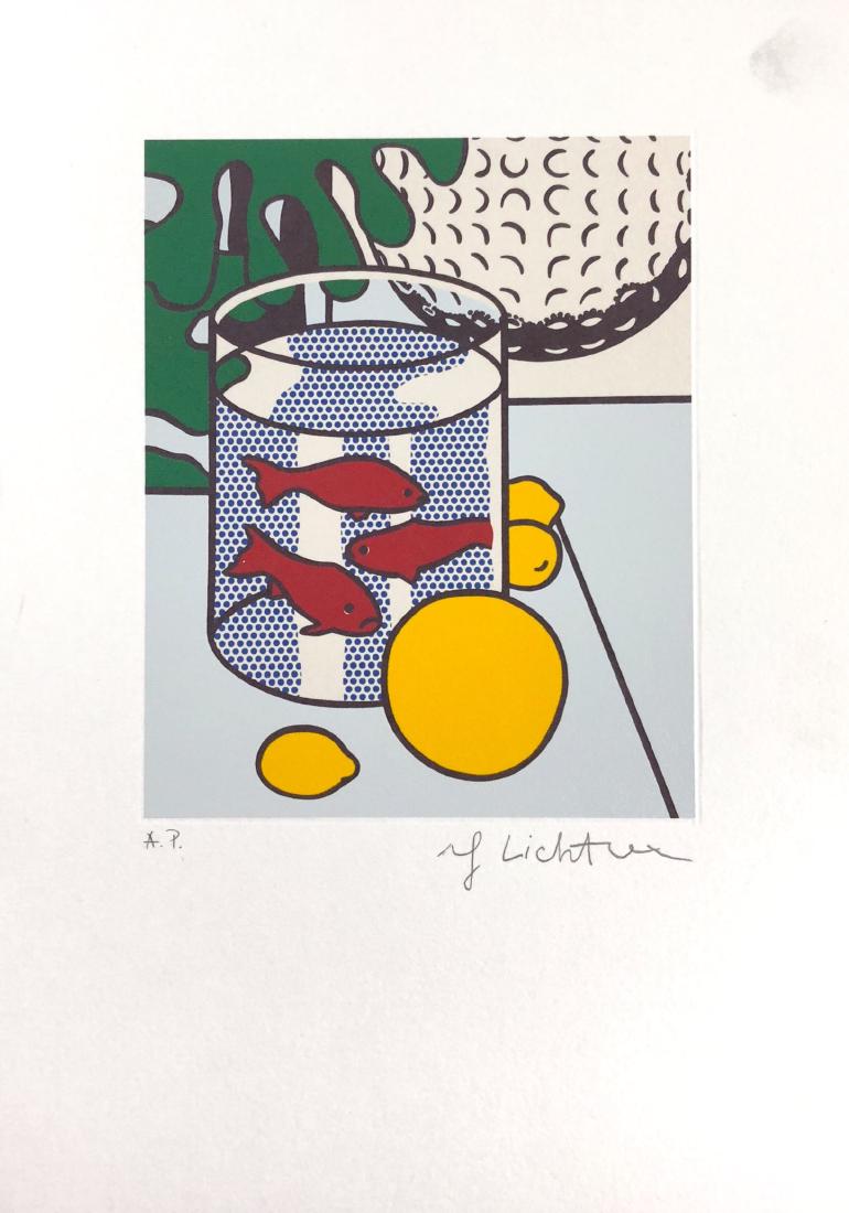 Roy Lichtenstein (1923-1997) -- Hand Inscribed Print: This lot consists of a fine art print on paper, with "Roy Lichtenstein" handwritten in graphite at lower right. To the left of the signature piece is labeled "A.P." [Artist's Print]. Image depicts a s