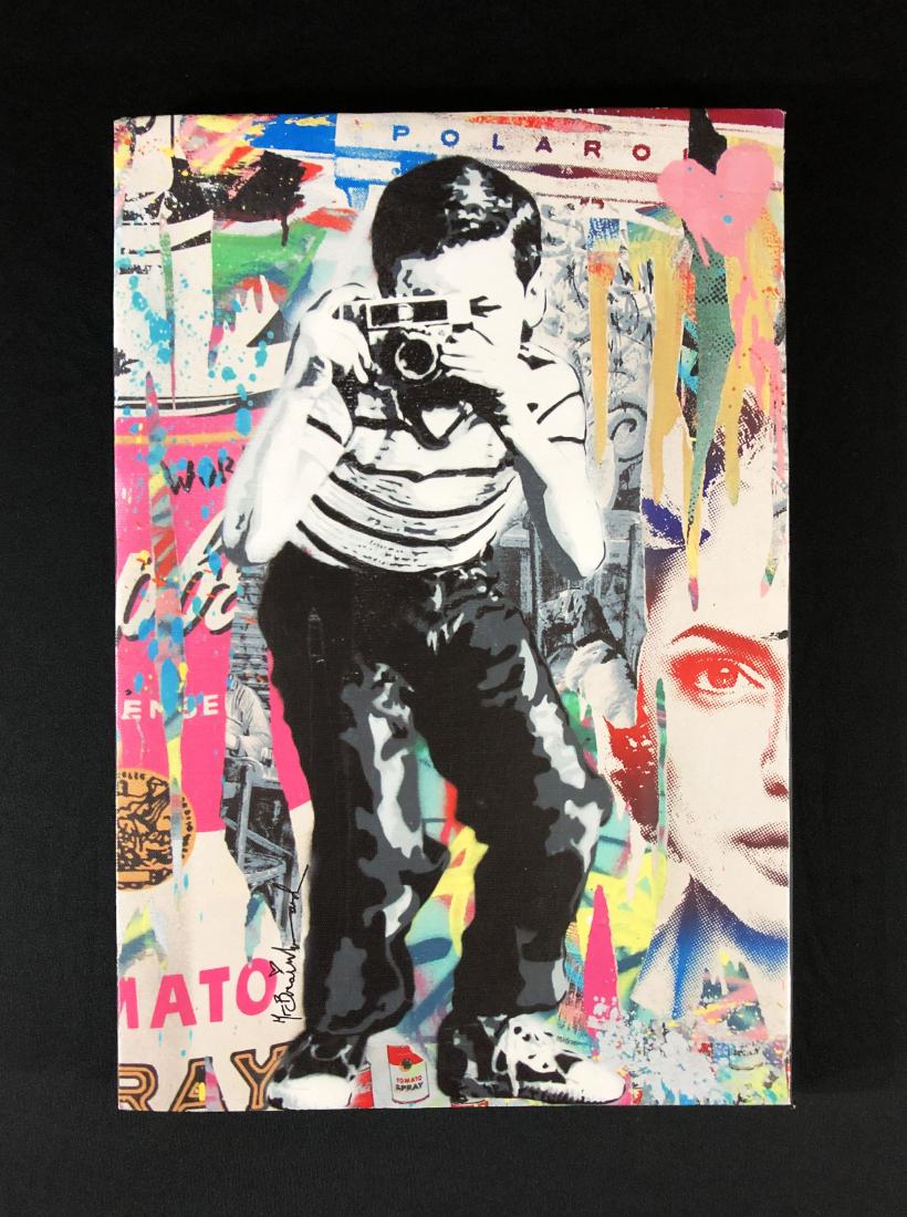 Mr. Brainwash (French, 1966- ) Hand Rendering /style of: This lot consists of a hand-painted mixed media work on stretched canvas. Handwritten at lower left is the signature "Mr. Brainwash", running vertical along the boys leg. . Materials used in the creat