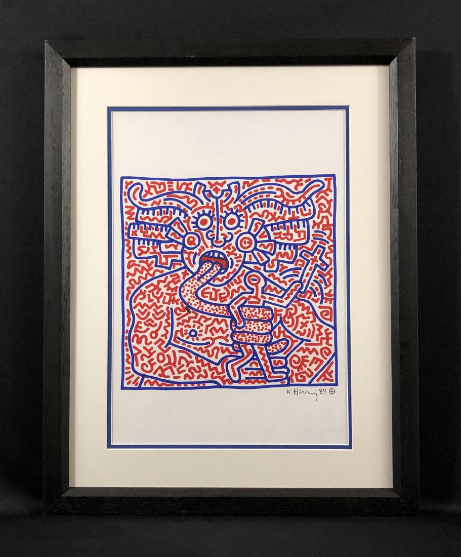 Keith Haring (1958-1990) -- Ink Drawing - style of: This lot consists of a hand-drawn ink illustration on paper, with "K. Haring 84" handwritten at bottom right. A small crosshair logo accompanies the artist's signature. This brilliant blue-and-red ima