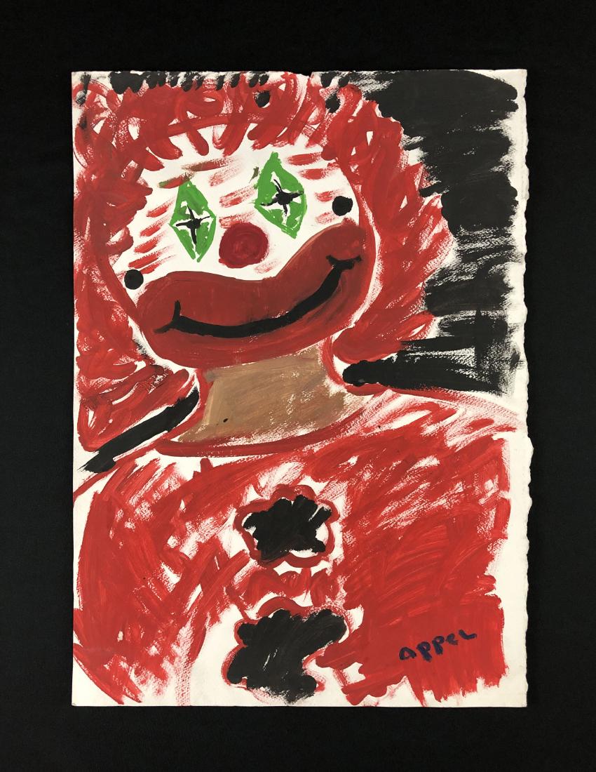 Karel C. Appel (1921-2006) Acrylic Painting - style of: This lot consists of a hand-painted acrylic painting on watercolor paper, with "Appel" handwritten at lower right. This vibrant image depicts a grinning clown, with liberal swathes of red and black be