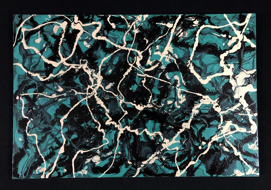 Jackson Pollock (1912-1956) Acrylic Painting - style of: This lot consists of a hand rendered acrylic drip painting on board, with "Pollock" handwritten en verso. Large pools of emerald green and black are juxtaposed by meandering, creamy rivers. Done in th