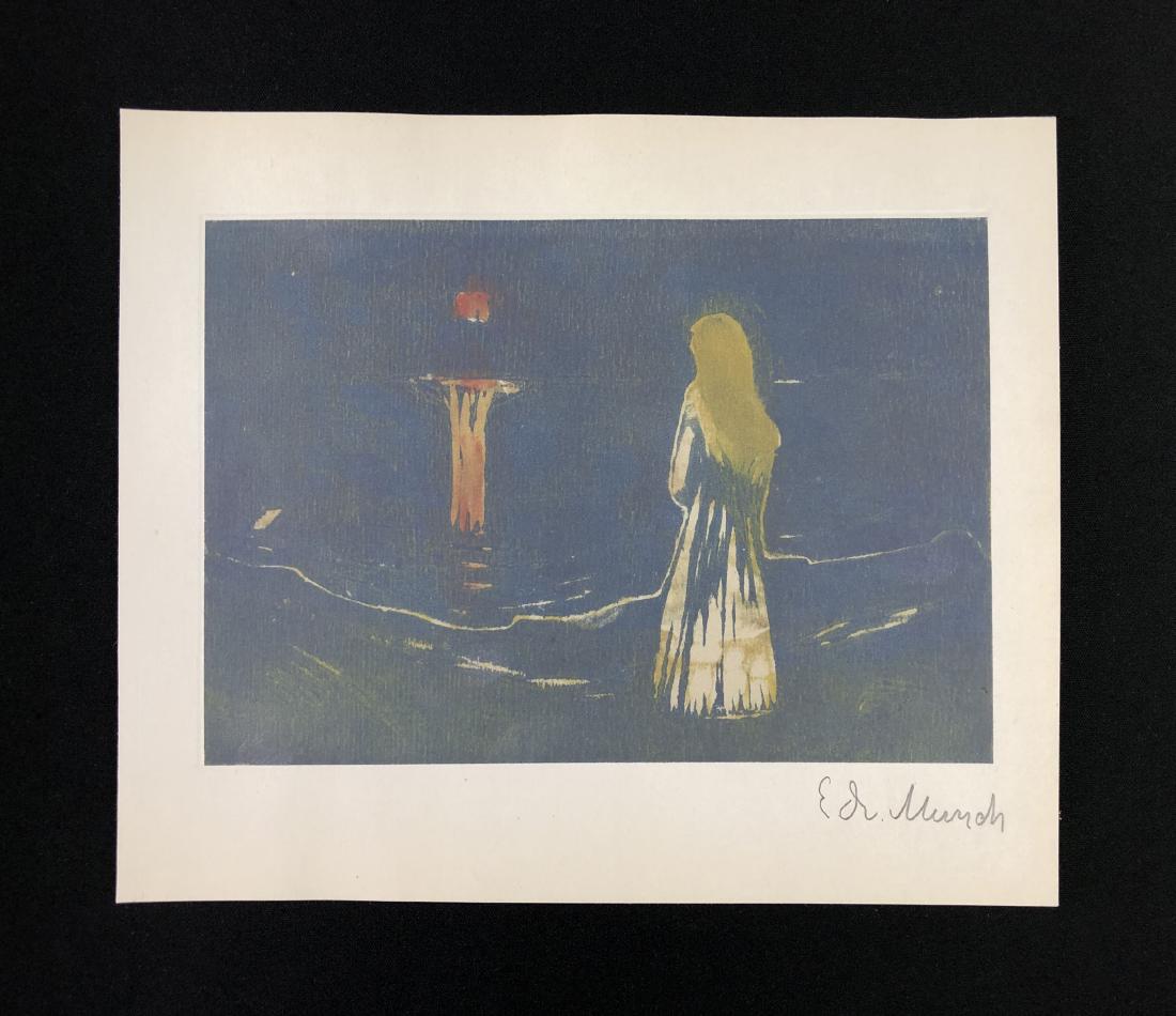 Edvard Munch (1863-1944) Hand Inscribed Fine Art Print: This lot consists of a fine art print on paper, with "Edv. Munch" handwritten in graphite at bottom of composition. Image depicts a solitary woman standing at the edge of a vast, murky ocean. The only