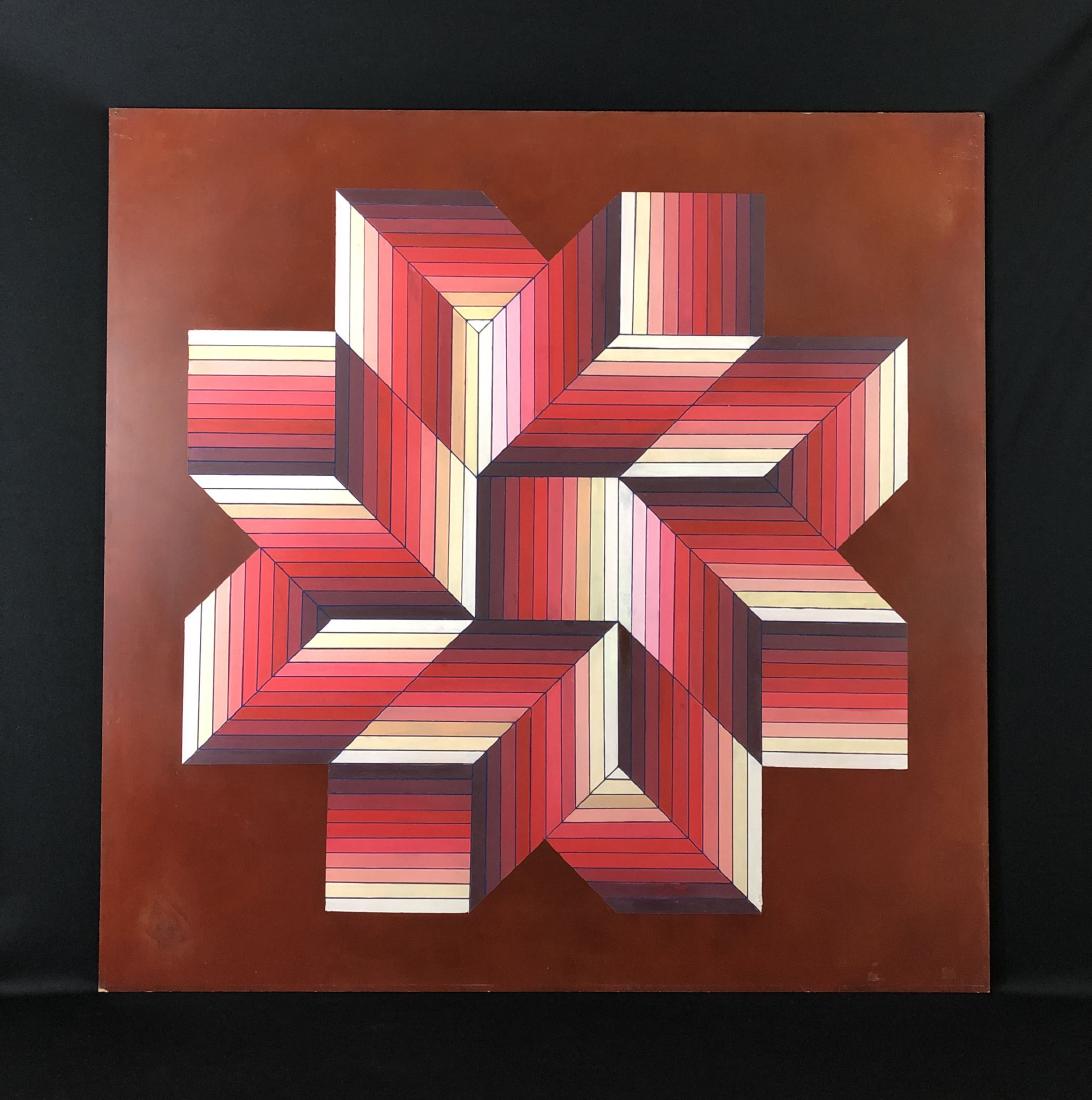 Victor Vasarely (1906-1997) Acrylic Painting - style of: This lot consists of a gorgeous acrylic painting on board, with "Victor Vasarely" handwritten en verso and titled, "Composition 7081". This piece appears to leap straight off the page of history books