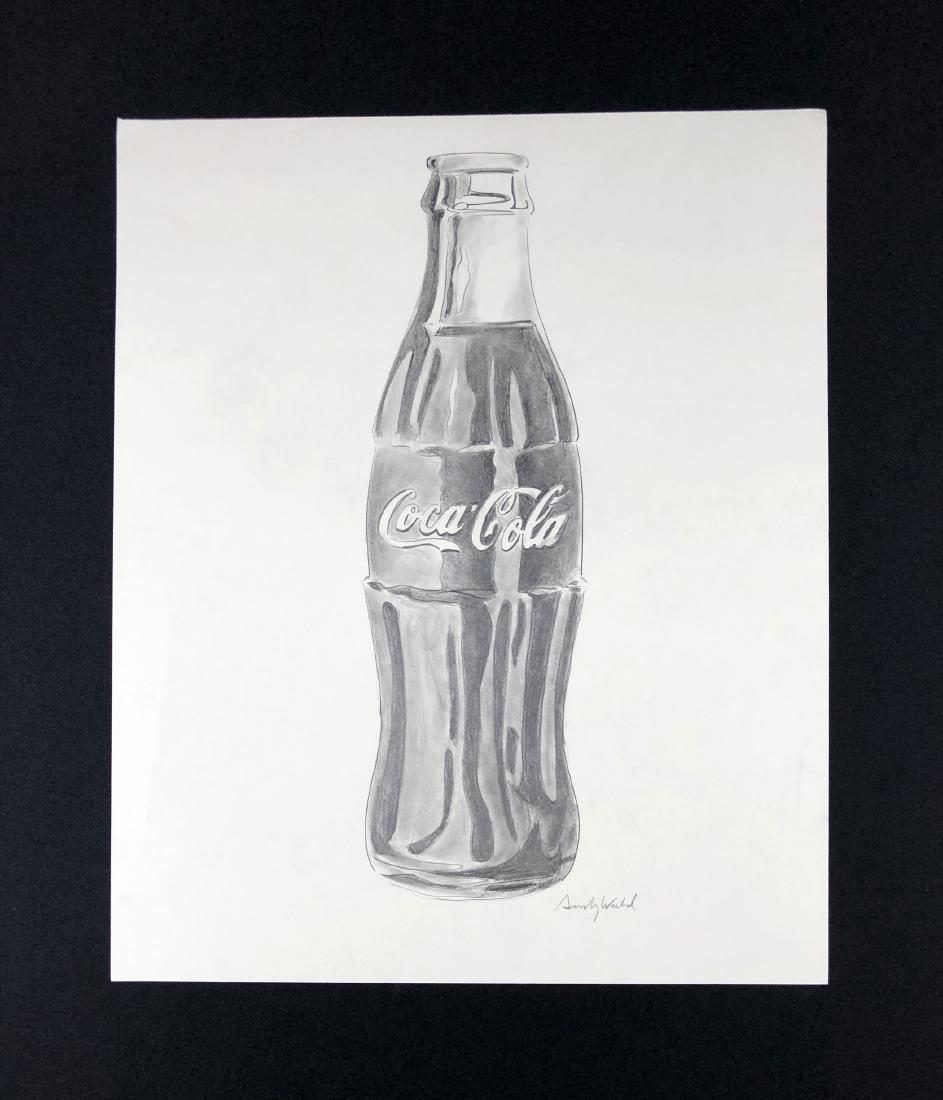 In the style of Andy Warhol-- Hand Drawn: This lot consists of a Hand Drawn Graphite on Paper ''Andy Warhol'' in pencil at bottom right. Image portrays the classic glass Coca Cola bottle, done in the Pop Art style of Modernist Andy Warhol (Am