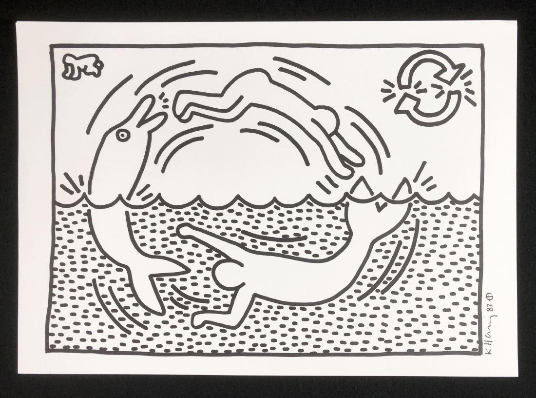 In the style of Keith Haring-- Ink Drawing on: This lot consists of a hand-drawn ink illustration on paper, and -dated "K. Haring 83" with a crosshair symbol accompanying the artist's signature. Image depicts a revolving chain of figures that circ
