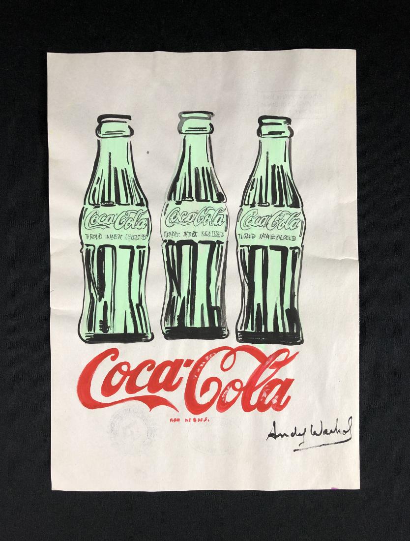 In the style of Andy Warhol-- Mixed Media on: This lot consists of a hand-painted mixed media (ink and gouache) illustration on paper, "Andy Warhol" at lower right. Image depicts three glass Coca Cola bottles in identical succession. Beneath the