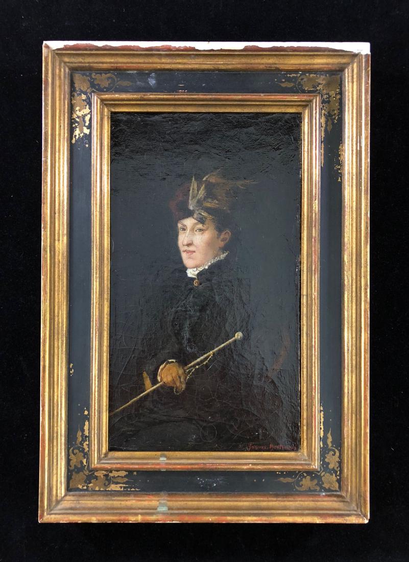 In the style of Jean-Baptiste BertrandHand Painted: This lot consists of a Hand Painted Oil on Canvas "James Bertrand " in the lower right. Image depicts a young woman dressed in 19th century riding clothes. She is seated with a riding crop in her hand