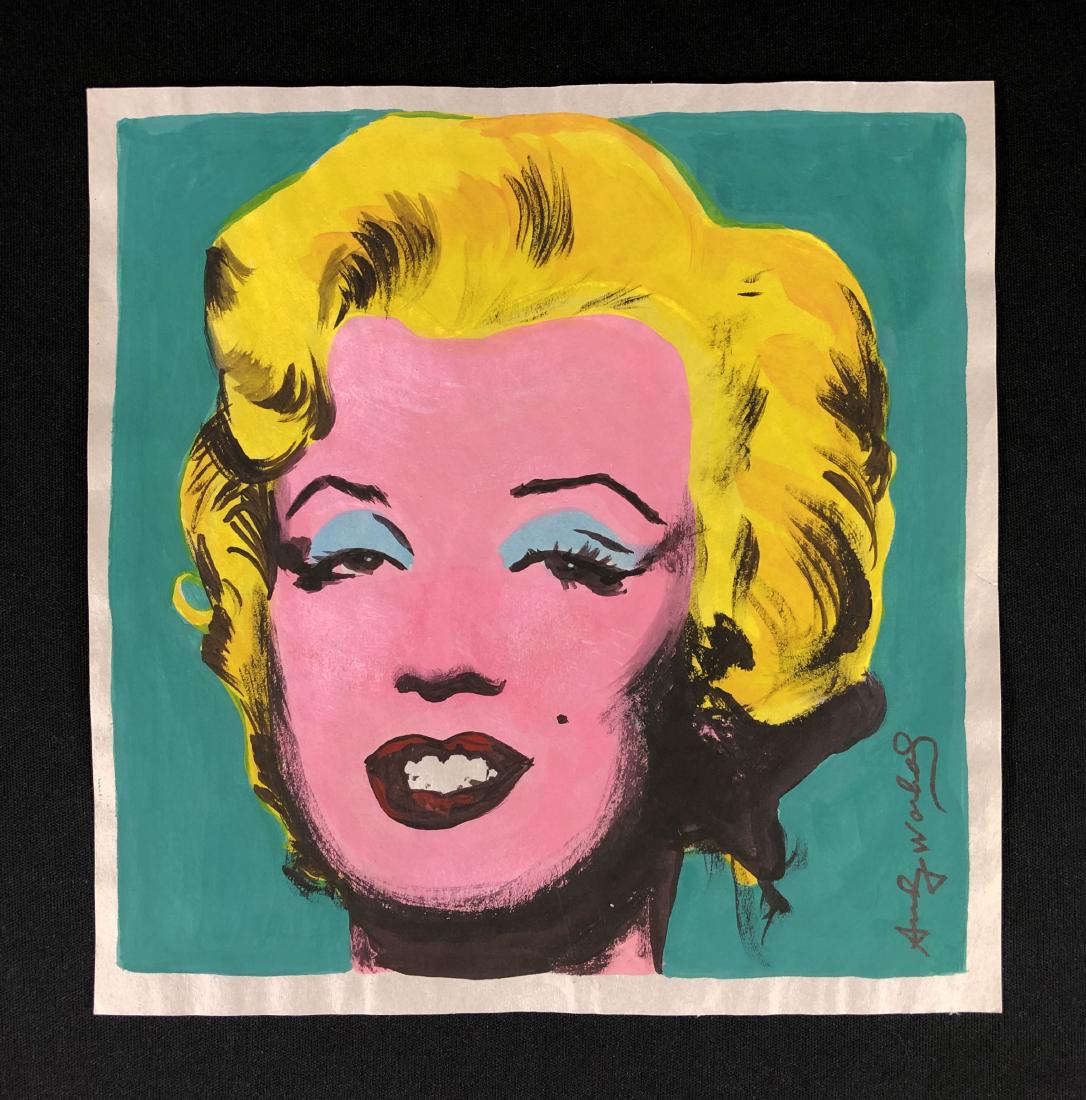 In the style of Andy Warhol-- Gouache on Paper: This lot consists of a lovely gouache illustration on paper, hand-painted and - "Andy Warhol" at lower right. This Pop Art image depicts a colorful, acid-bright vision of the ill-fated screen legend, 