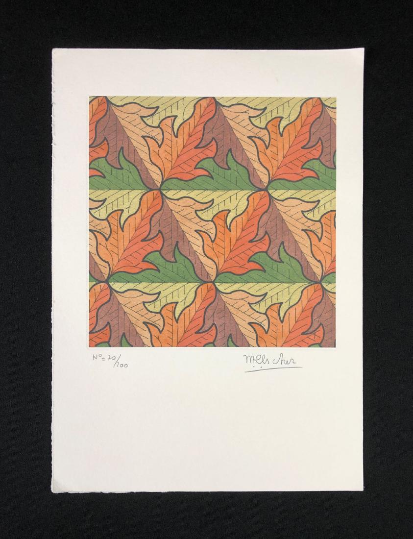 In the style of M.C. Escher-- Fine Art: This lot consists of a fine art print on paper, "M.C. Escher" and numbered "No. 70/200" in graphite at bottom. Image depicts a pattern of curving oak leaves, joined like tiles. This precise design and