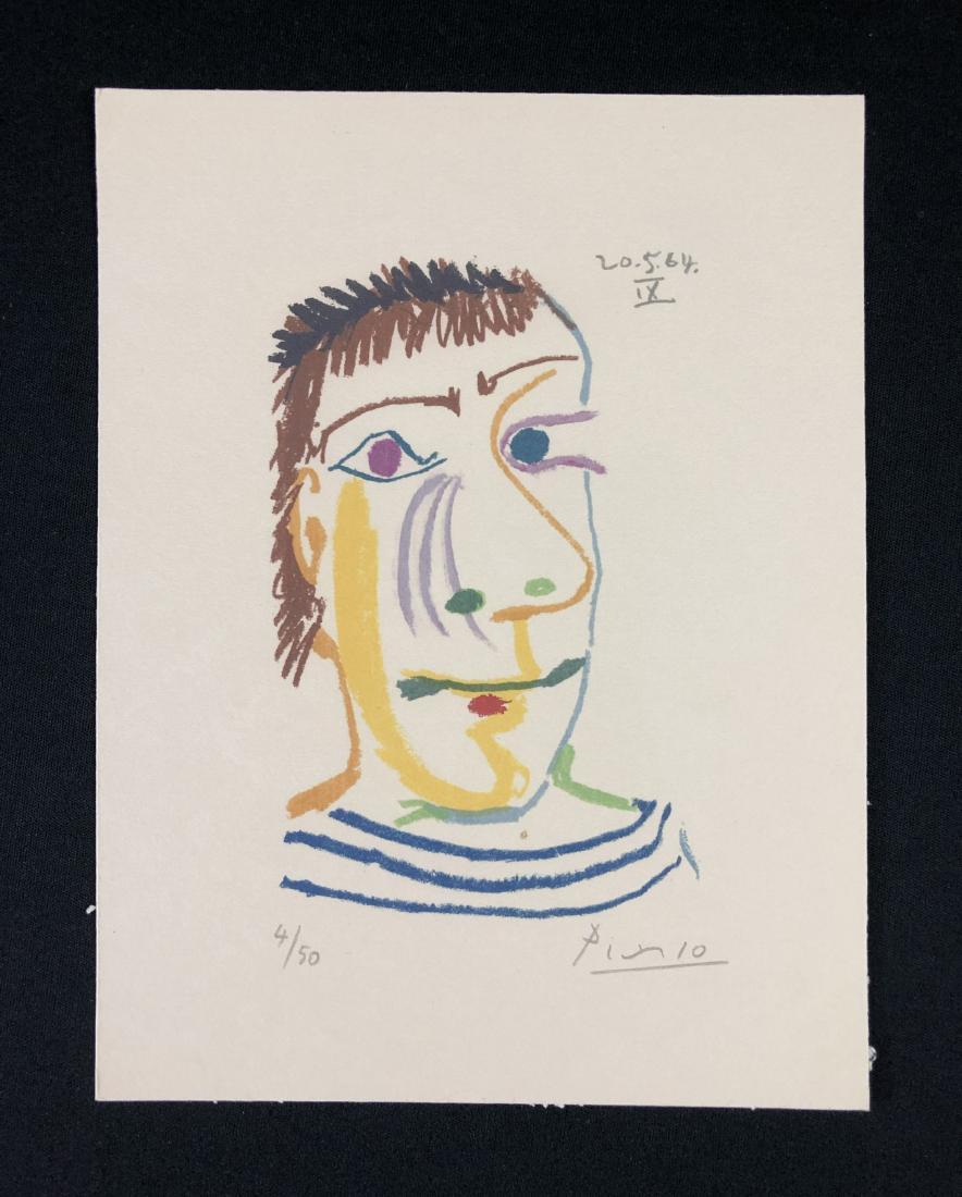 In the style of Pablo Picasso-- Fine: This lot consists of a fine art print on paper, "Picasso", dated "20.5.64", and numbered "4/50" in graphite at bottom. Image depicts a lovely cubist abstraction of a man's face. Beautifully colored li