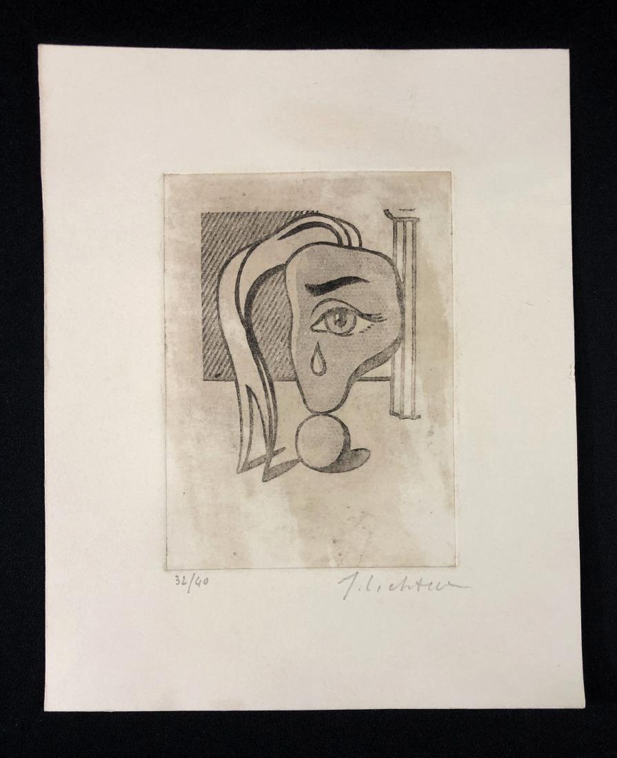 In the style of Roy Lichtenstein--: This lot consists of a fine art print on paper, "Roy Lichtenstein" and numbered "32/40" in graphite at bottom. Image depicts the tearful eye of a comic book woman; we see only a fragment of her visage