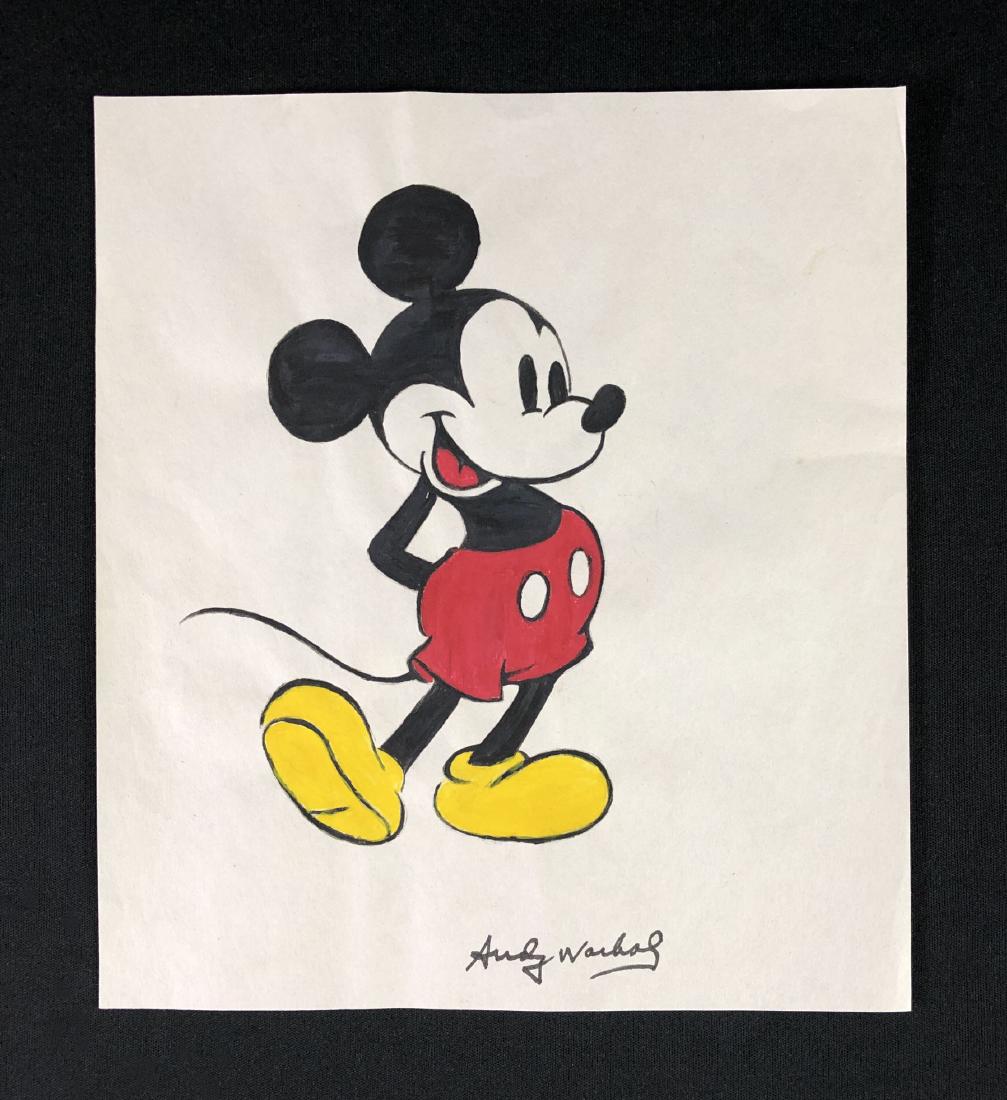 In the style of Andy Warhol-- Mixed Media on: This lot consists of a mixed media (ink and gouache) illustration on paper, hand-painted and - "Andy Warhol" at lower right. This Pop Art image depicts a cheery, colorful Mickey Mouse. Done in the viv